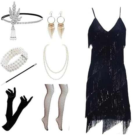 Velcoxplay Damen 1920er Jahre Flapperkleid mit Pailletten, Pailletten Perlen Fransen Kleid mit 20s Zubehör Set
