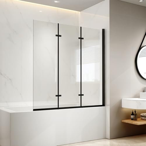 EMKE Mampara de ducha para bañera, 130 x 140 cm, color negro, accesorio de 3 piezas, plegable, mampara de ducha para bañera, mampara plegable de 6 mm, cristal de seguridad
