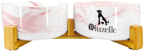 bluzelle Balance Bowl Gamelle Chien 2-en-1 XXL, Gamelle Céramique 2X 850ml avec Support Bambou, Double Gamelle Surélevée Antidérapante, Lave-Vaisselle, Couleur:Marbre Rose