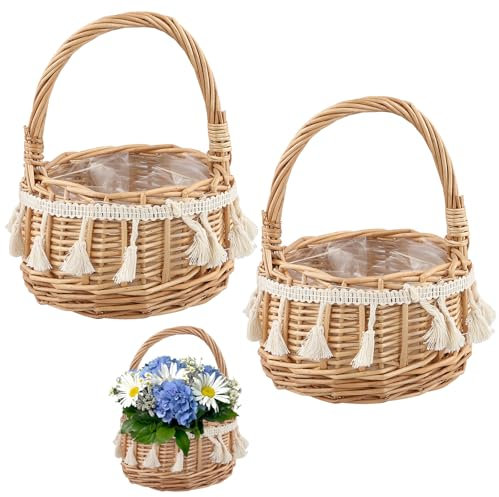 FUNSUEI 2 Stück Blumenkorb Hochzeit mit Quaste, 13 x 19 cm Blumenkörbe Blumenmädchen Korb, Klein Rattan Geflochtener Blumenkorb mit Henkel für Deko, Hochzeit