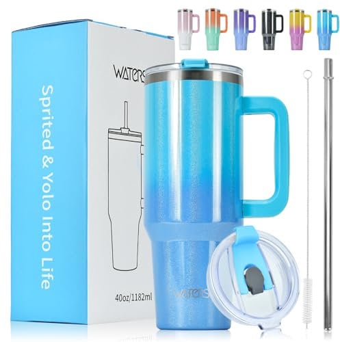 WATERSY 40oz Kaffeebecher to Go Thermobecher Doppelwandiger Edelstahl Vakuum Auslaufsicher Trinkbecher mit Griff und Strohhalm Thermo Tumbler Deux Blau Glänzend