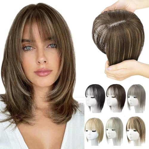 Natürliche Haarteile mit Pony für Frauen, 2025 Neuest Perücken, Kurze Perücken in Bangs mit Schläfen, Haarteile Echthaar Haar Clip in Topper 25 * 10 * 5 CM (B)