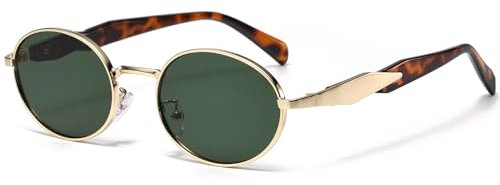 Long Keeper Vintage Ovale Sonnenbrille Metall Klein Retro Sonnenbrille Rund 90er Modisch Oval Brille UV400 Schutz Klassisch Sonnenbrillen für Damen Herren (Gold Leopard Rahmen – Dunkelgrün Gläser)