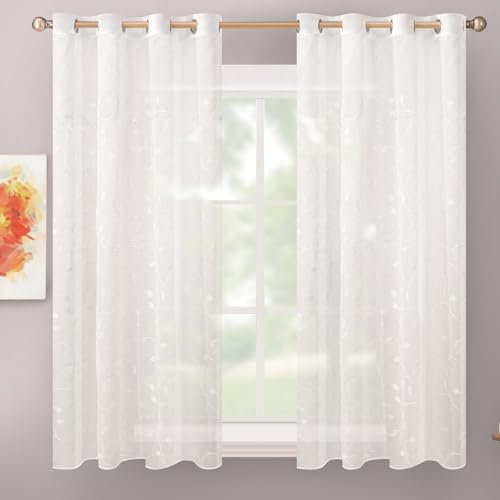 Delindo Lifestyle Gardine mit Ösen, 140x145 cm, halbtransparent, dezentes Blattmuster in weiß, 2er Set