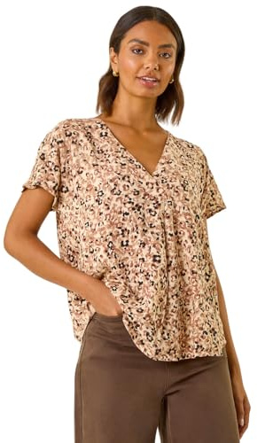 Roman Pleat Front Top for Women UK Ladies Pleated Shirt Notch V Neck Blouse Summer Tunic Spring Pull-On Comfy Soft Evening Holiday Vacation Work Party Everyday - Natural Animal - Size 12