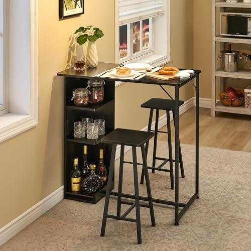 Set aus Tisch und Stühlen für 2 Personen, 3-teiliges Bar-Set mit 3 Ablagen, platzsparender Tisch für kleine Wohnungen, Wohnzimmer, Küche, Esszimmer, Schwarz