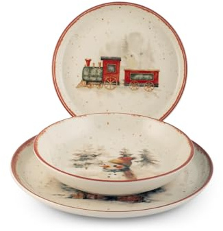 H&H Servizio Piatti Natalizio 18 Pezzi Santa Express in Stoneware – 6 Piani 26 cm, 6 Fondi 20,5 cm, 6 Frutta 20 cm – Lavabile in Lavastoviglie e Adatto al Microonde