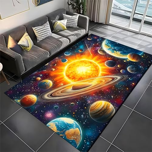 Kuluoits Sternenhimmel Teppich, 100x150cm, Sonnensystem- Und Weltraumplaneten-Print, rutschfest, Waschbar, Farbenfroher Galaxie-Teppiche, Großflächig für Schlaf Wohnzimmer, Innenbereich, Waschbar
