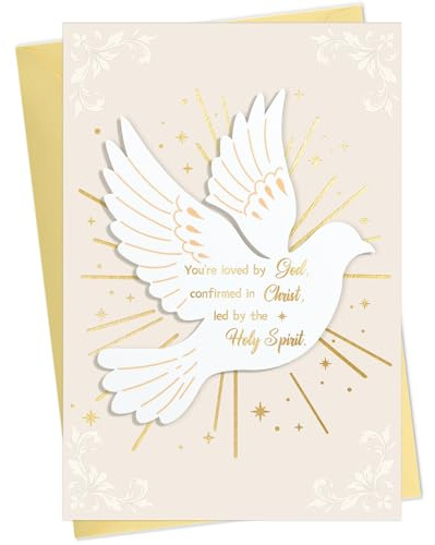 DISJOURNEY Catholic Confirmation Card with Holy Spirit Dove - Loved by God, Confirmed in Christ Trinity Message, 300GSM Cardstock Gold Foil Design, Boys Girls Religious Gift, Envelope Included