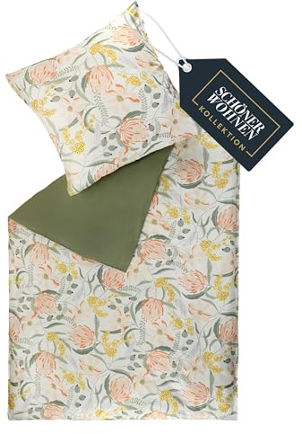 SCHÖNER WOHNEN Playful Bettwäsche 135x200 Baumwolle Grün - Frühlingsbettwäsche Blume Design - ÖKOTEX Bettwäsche-Sets 2teilig aus 1x Bettwäschebezug 135x200cm & 1x Kopfkissenbezug 80x80cm