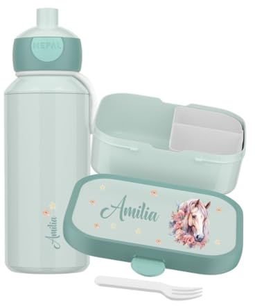 Mepal Set Brotzeitdose & Trinkflasche personalisiert, Brotdose Kinder mit Fächern, Lunch Box & Wasserflasche mit Name, auslaufsicheres Bento Box Set mit buntem Aufdruck Pferd (mint)
