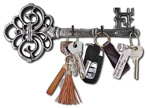 Comfify Decorative Wall Mounted Key Holder | Vintage Key with 3 Hooks | Wall Mounted | Rustic Cast Iron - with Screws and Anchors - Silver