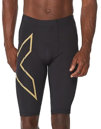 2XU Men's Light Speed Compression Shorts, Black/Gold Reflective, XXL