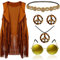 6 Stück 60er 70er Jahre Hippie Kostüm für Frauen Friedenszeichen Ohrring Halskette Stirnband Fransen Weste Quaste Strickjacke (M)