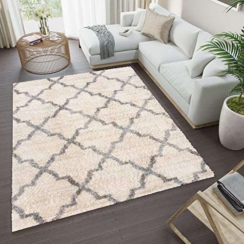 TAPISO Versay Teppich Shaggy Hochflor Langflor Creme Hellgrau Marokkanisch Geometrisch Modern Design Wohnzimmer Schlafzimmer ÖKOTEX 200 x 300 cm