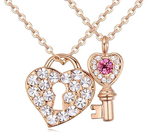Bungsa rosé Kette KEY TO YOUR HEART 2 Damenketten 45cm - rose-gold farbene Anhänger Schlüssel & Schloss in Herzform mit Strass - Frauen Halskette LIEBE - necklace crystals key lock heart LOVE