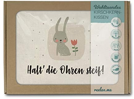 Reelax.me Kirschkernkissen für die Mikrowelle - Körnerkissen mit Spruch Hase halt die Ohren steif – Geschenk mit Mutmacher-Spruch – Hasenschule Geschenkidee für Männer, Frauen & Kinder