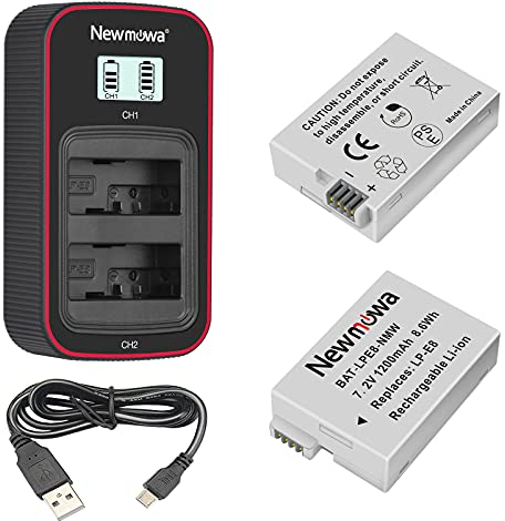 Newmowa LP-E8 Ersatzakku (2er-Pack) und Smart LCD Display Dual USB-Ladegerät für Canon LP-E8 und Canon EOS 550D,600D,650D,700D,EOS Rebel T2i,Rebel T3i,Rebel T4i,Rebel T5i