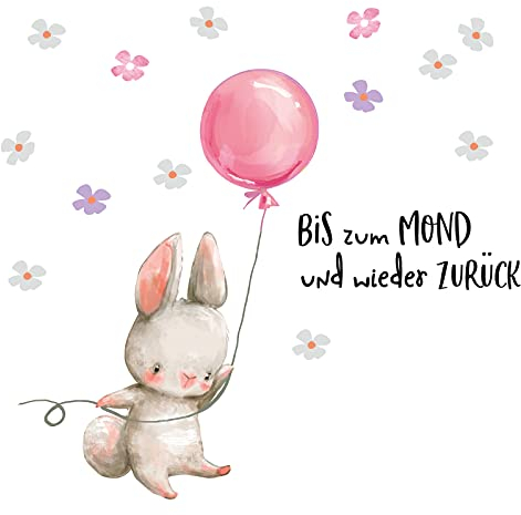 Little Deco Wandtattoo Wandsticker Kinderzimmer Tiere Hase mit Ballon Sterne Wandaufkleber Schlafzimmer Mädchen Wanddeko Spruch Bis zum Mond Baby rosa DL315-15
