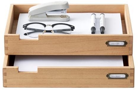 KIRIGEN Wood Desk Organizer Stackable Paper Tray Set of 2 - Wooden Two Tier Desktop Document Storage for Office - Letter Tray Inbox with Natural Finish
