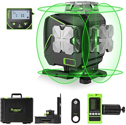 Huepar Bluetooth 4x360 Laser Level Set, LCD Green, Pulse Mode, 16 Lines Self-Leveling Cross Line Laser Level, Triple Power Supply (S04CG-5RG)