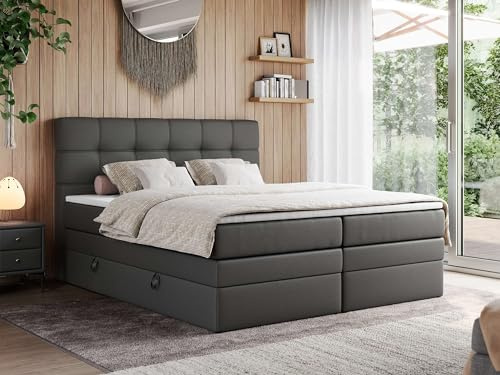 MKS MEBLE Boxspringbett 160x200 mit Bettkasten und Kopfteil, Bett mit Matratze H4 und Topper T25 - Boxbett - Dunkelgrau Kunstleder - ERNI King