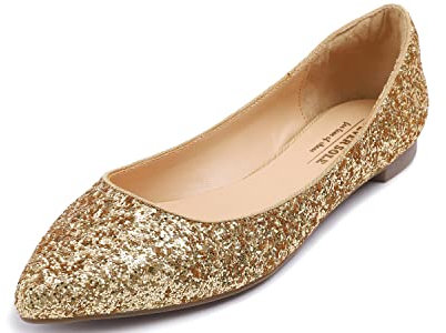 Feversole Women's Sparkle Memory Foam Cushioned Colorful Shiny Pointed Ballet Flats Pumps Glitter Gold Size 3.5