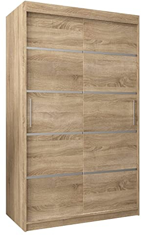 MEBLE KRYSPOL Schwebetürenschrank Verona 1 120 cm Kleiderschrank mit Kleiderstange und Einlegeboden Schlafzimmer- Wohnzimmerschrank Schiebetüren Modern Design (Schubladen: 0, Sonoma)