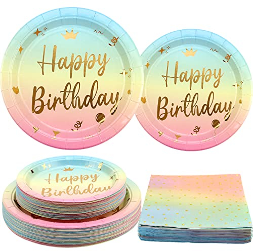 LSJDEER 150PCS Gold Dot Rainbow Birthday Party Tableware Supplies - Rainbow Pastel Dinner Plates, Dessert Plates, Napkins for Baby Shower Wedding Party - Serves 50