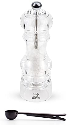 Peugeot - Nancy - Macinasale manuale in acrilico - Set regalo trasparente regolabile - con scoop/clip per sacchetti in acciaio inox, 17 cm