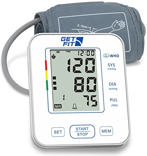 Get Fit Tensiometre A Usage Domestique - Lecteur De Tensiometre Pour Le Bras Superieur - Moniteur De Frequence Cardiaque - Memoire 2x99 - Tensiometre A ecran LCD - Blanc - 35-52cm