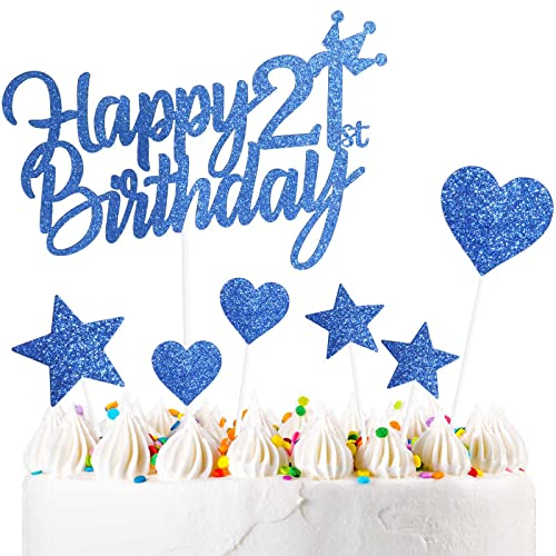 Personalised Happy 21st Birthday Cake Toppers Birthday Cake Decorations Blue for Boy Men Girl Women, Double Sided Glitter Cupcake Topper Cake Topper Kit 21 Years Birthday Party Cake Décor Supplies