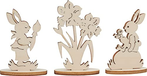 VBS Hasen und Narzissen 3 Stk. 7.0-8.0 cm Stehfigur aus Pappelsperrholz, geschliffen, unbemalt, unglasiert, ideal für Ostern, Stärke 0.4 cm, DIY Bausatz zum Dekorieren und Zusammenstecken.