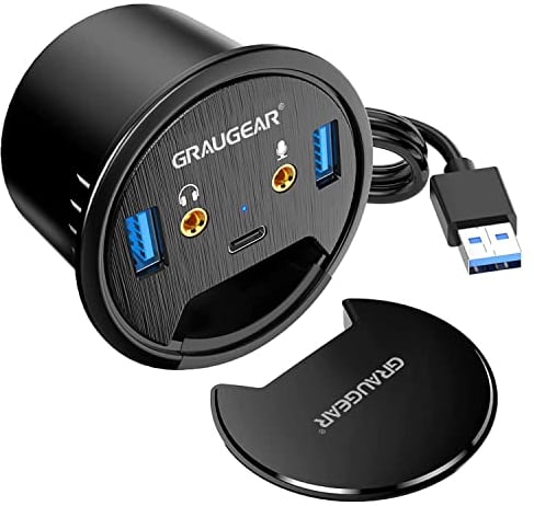 GRAUGEAR Tisch USB HUB mit 1x USB-C und 2X USB-A Anschlüssen, USB HUB Tisch mit 60mm Durchmesser, USB 3.0 für bis zu 5 Gbit/s, USB HUB Schreibtisch inkl. Staubschutz, 150cm Kabellänge