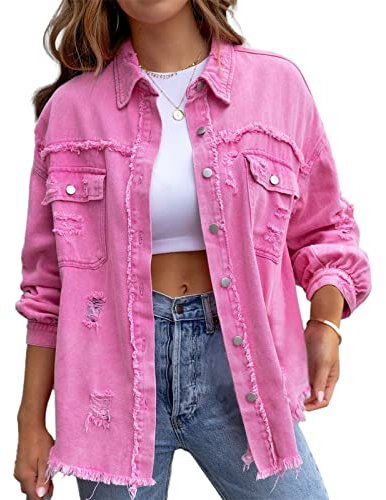HOTIAN Veste en jean pour femme - Veste demi-saison vintage - Manteau en jean côtelé de transition, Rose, XL