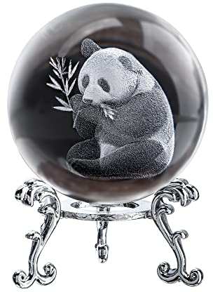 ZEERSHEE Boule de panda en verre gravée au laser de 60 mm avec support en cristal,Figurines de collection,Décoration pour la maison des enfants,Cadeau d'anniversaire pour maman et femme