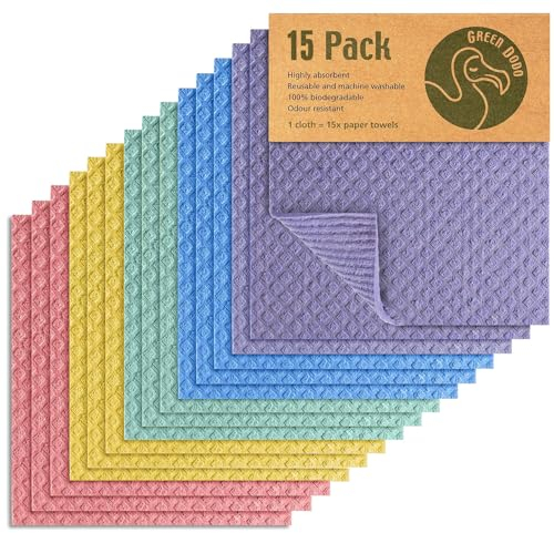Green Dodo Swedish Dishcloths for Kitchen - 15 Pack - Eco Friendly Biodegradable & Sustainable Sponge Kitchen Cloth - Absorbent & Odour Free Dish Cloths for Kitchen - Paper Towel Alternative