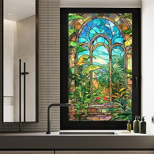 Creperture Película de ventana de vitral, película de privacidad extraíble para ventana, patrón de plantas, calcomanías decorativas para ventana, anti UV, película no adhesiva para decoración de