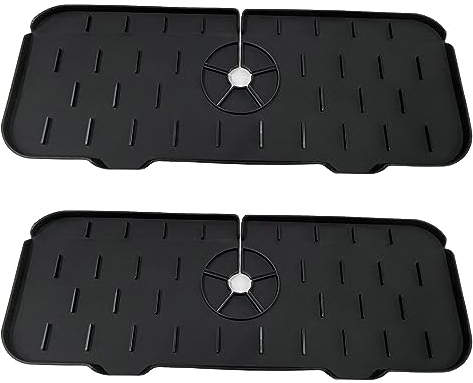 Ashuxxn 2 Stück Silikon-Wasserhahnmatte Silikon Wasserhahn Wasserfänger Matte Waschbecken Abtropfkissen Waschbecken Spritzschutz Wasserhahn-Wasserauffangmatte für Küchenspüle Badezimmer (Schwarz)