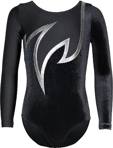 GymStern JAVA LANGARM Turnanzug für Mädchen – Blickdichter, eleganter Gymnastikanzug aus Samt/Stretch-Material – Bequem & MADE IN GERMANY Größe:170/176 Farbe: SAMT SCHWARZ-SILBER