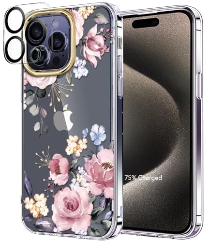 luolnh Kompatibel mit iPhone 15 Pro Hülle, für Damen und Mädchen, stoßfest, klares Blumenmuster, Harte Rückseite für iPhone 15 Pro 15,5 cm (6,1 Zoll) 2023, Diagonale rosa Blüte