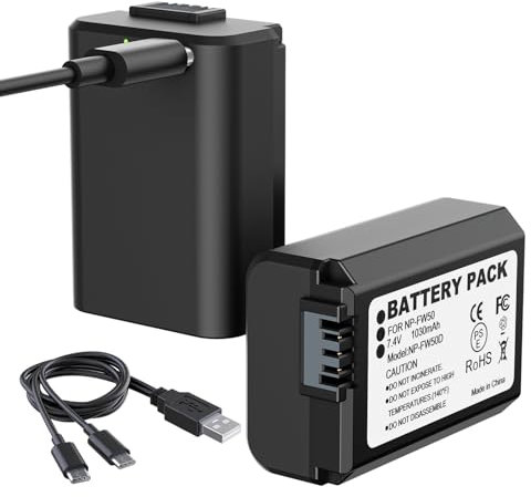 F1TP 2 Pack Replacement NP-FW50 Rechargeable Battery with USB-C Port,1030mAh AC-PW20 Fit for Sony A6400 A6500 ZV-E10 A7,A7 II,A7R II,A7S II,RX10 NEX3/5/7 (NP-FW50D No need extra charger)