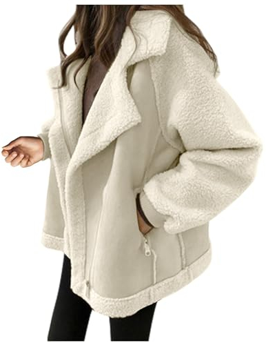 Azruma Mädchen Winterjacke Jacke Damen Winter Frühlingsjacke Damen Frauen Warm Kurz Schaffell Fleece Revers Langarm Motorradjacke Mit Zipper Taschen Bekleidung (1-Beige, M)