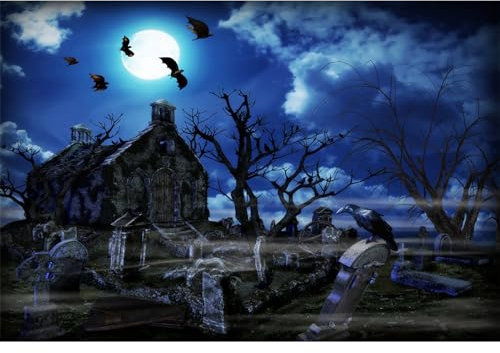 MIRRORANG 3x2,5m Halloween Hintergrund Friedhof Dunkler Geist Grabstein Krähe Mondlicht Halloween Thematische Party Hintergrund Fotografie, Vinyl