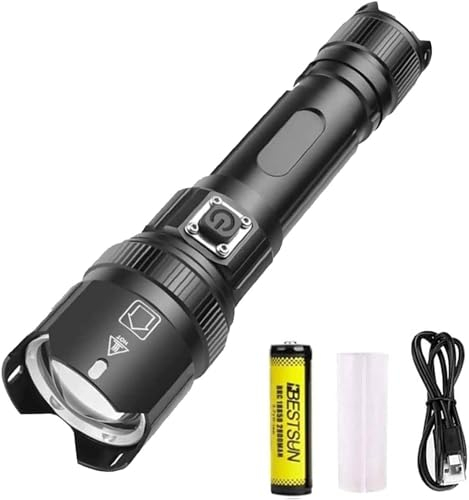 OAKITA Linterna LED Recargable Súper Brillante Alta Potente Linterna 100000 Lúmenes 5 Modos Zoomable XHP50 Impermeable Linterna Táctica Flashlight para Camping, Senderismo, Respuesta a Una Emergencia