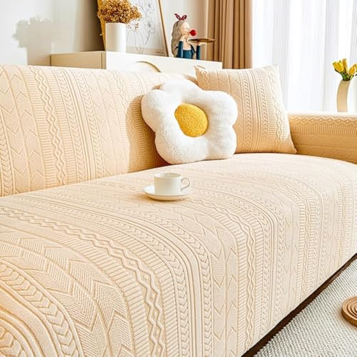 WZDD High Stretch Sofabezug , Moderne Sofaüberwurf Jacquard Elastische Sofahusse Mit Armlehnen, Jacquard-Velours Couchbezug rutschfeste Sofaschutz für Wohnzimmer (Beige, 5 seater)