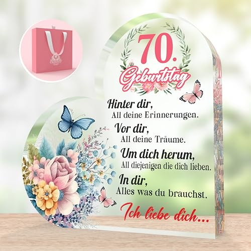 CROWNLY CRYSTAL® 70. Geburtstag Frau Herzförmige Acryltafel Personalisierte Geschenke Frauen Gedenktafel Geschenke für 70 Jährige Frauen Deko 70 Geburtstag Frau Oma Geschenk