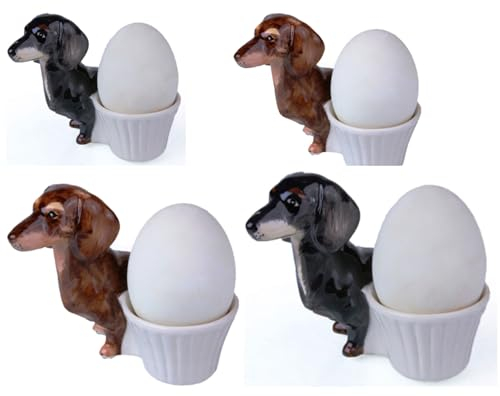 B2SEE Eierbecher Keramik Geschirr Set Tier Motive 4 teilig Gute Qualität (Dackel 2 schwarz 2 braun)