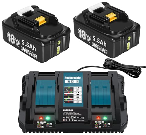 2X 18V 5500mAh Ersatzakku für Makita + Dual Port 6A DC18RD Ladegerät Kompatibel mit BL1860 BL1860B BL1850B BL1850 BL1840B BL1830B LXT-400