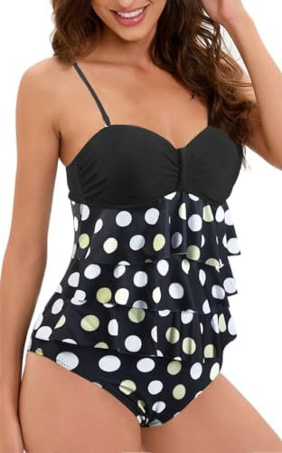 Maillot de Bain Femme 1 Pièce Volants Maillot de Bain Gainant Ventre Plat Rembourré Dos Nu Bandeau Push-Up Tankini Femme （Pois Jaunes, XL